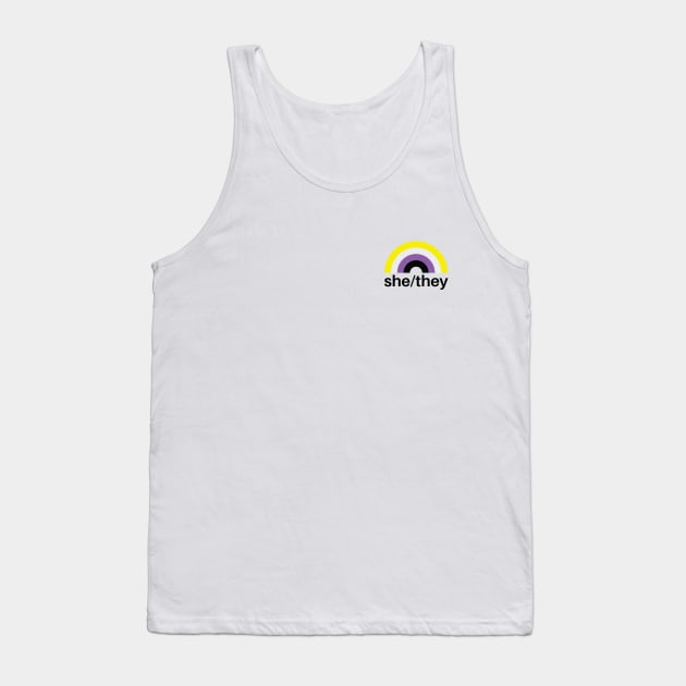 She/They Pronouns Nonbinary Rainbow Tank Top by lavenderhearts